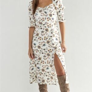 Francesca’s Midi Dress Size M Floral Linen Rayon Cottage Core Coquette Romantic